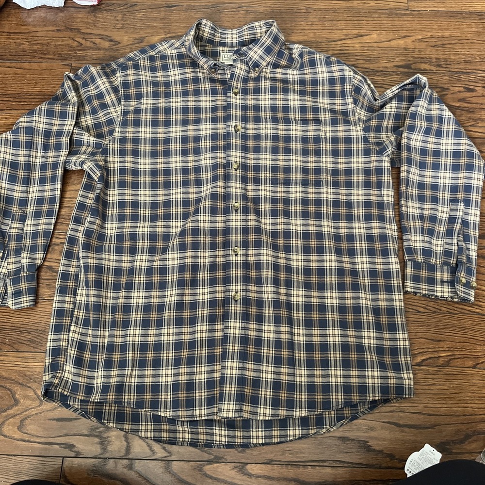 LL Bean mens Large Reg 253770 button down‎ dress shirt blue tan plaid
